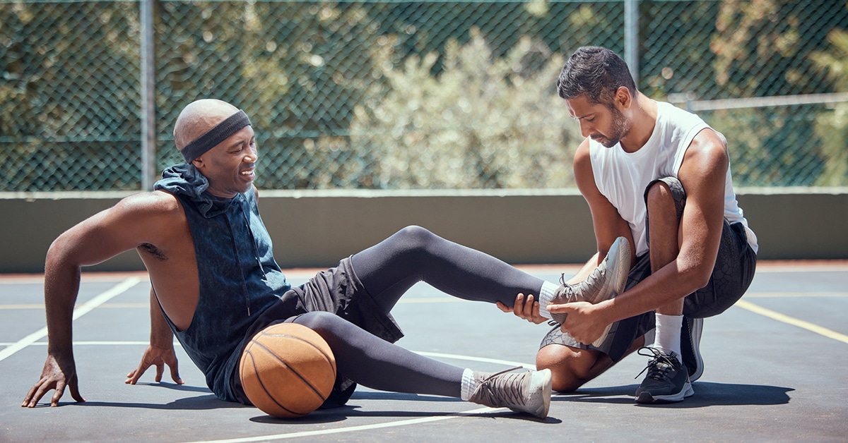 basketball-player-with-sports-injury tired mom with headache while kids runs around
