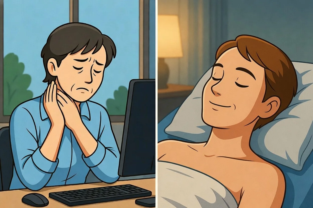 Tech Neck Image illustrated man holding his neck in pain and then resting easy after massage at a clinic